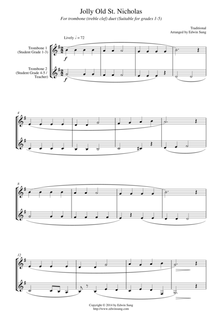 Jolly Old St Nicholas For Trombone Duet Treble Clef Suitable For Grades 1 5 Sheet Music