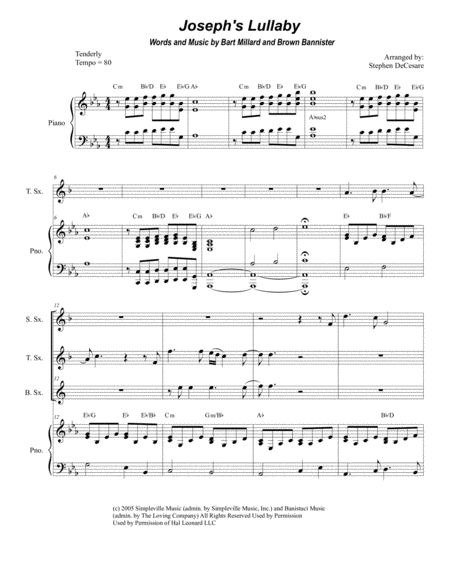 Josephs Lullaby For Saxophone Quartet Sheet Music