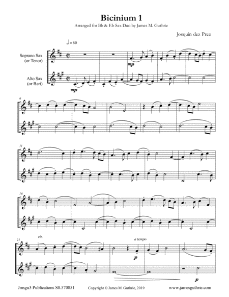 Free Sheet Music Josquin Bicinium 1 For Bb Eb Sax Duo