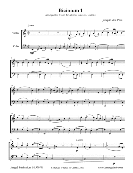 Free Sheet Music Josquin Bicinium 1 For Violin Cello