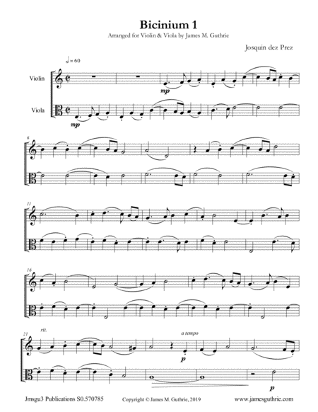 Free Sheet Music Josquin Bicinium 1 For Violin Viola