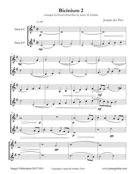 Josquin Bicinium 2 For French Horn Duo Sheet Music