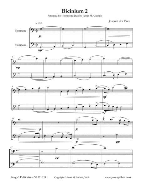 Free Sheet Music Josquin Bicinium 2 For Trombone Duo