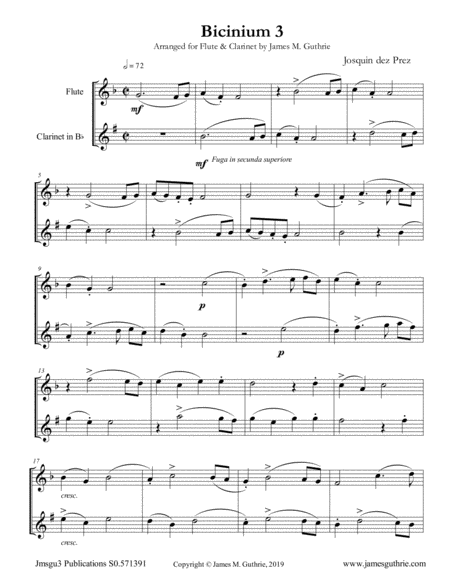 Free Sheet Music Josquin Bicinium 3 For Flute Clarinet