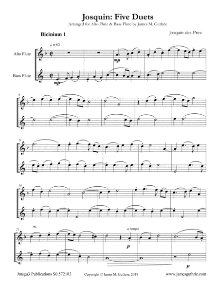 Free Sheet Music Josquin Five Duets For Alto And Bass Flutes