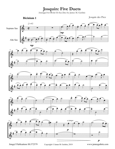 Josquin Five Duets For Bb Eb Sax Duo Sheet Music