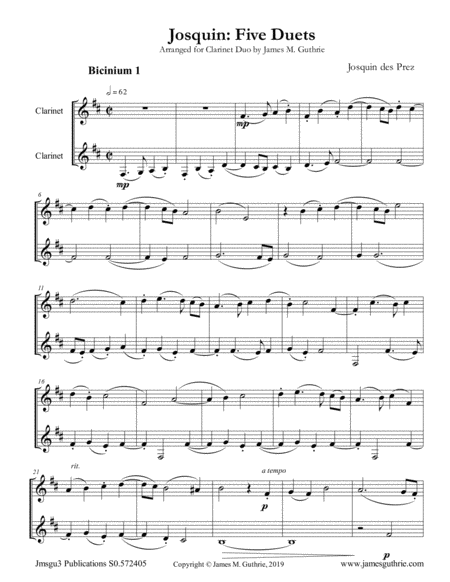 Josquin Five Duets For Clarinet Duo Sheet Music