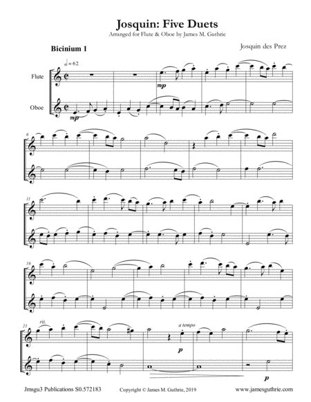 Josquin Five Duets For Flute Oboe Sheet Music