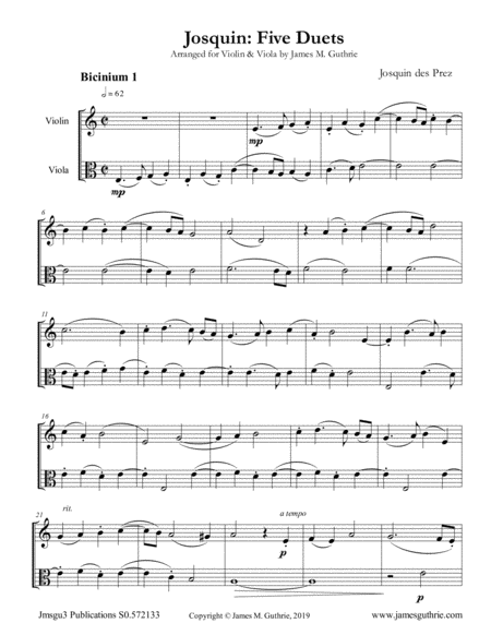 Free Sheet Music Josquin Five Duets For Violin Viola