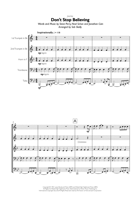 Free Sheet Music Journey Dont Stop Believin For Brass Quintet