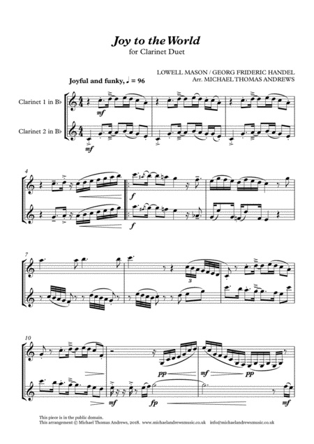 Free Sheet Music Joy To The World For Clarinet Duet
