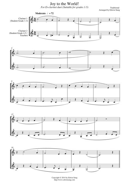 Free Sheet Music Joy To The World For Eb Clarinet Duet Suitable For Grades 1 5