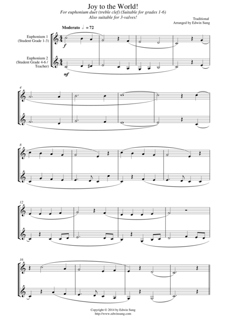 Free Sheet Music Joy To The World For Euphonium Duet Bb Treble 3 Or 4 Valved Suitable For Grades 1 6