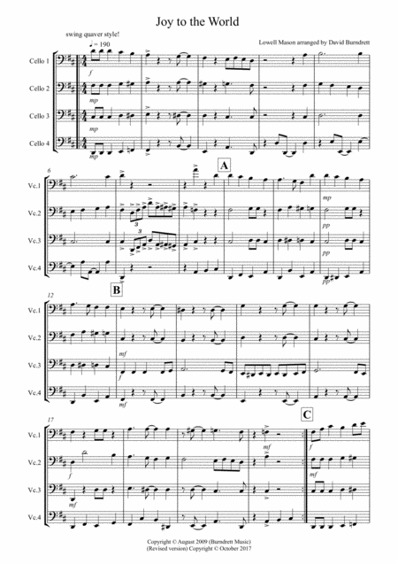 Free Sheet Music Joy To The World Jazzy Style For Cello Quartet