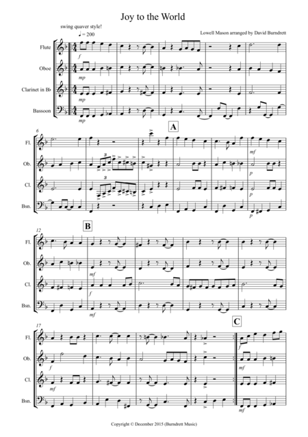 Free Sheet Music Joy To The World Jazzy Style For Wind Quartet