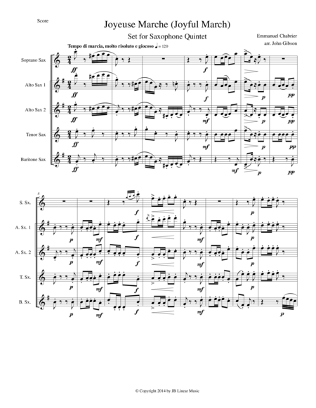 Joyful March Set For Saxophone Quintet Chabrier Joyeuse Marche Sheet Music