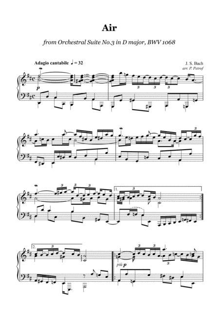 Js Bach Air From Orchestral Suite No 3 In D Major Bwv 1068 Piano Solo Sheet Music