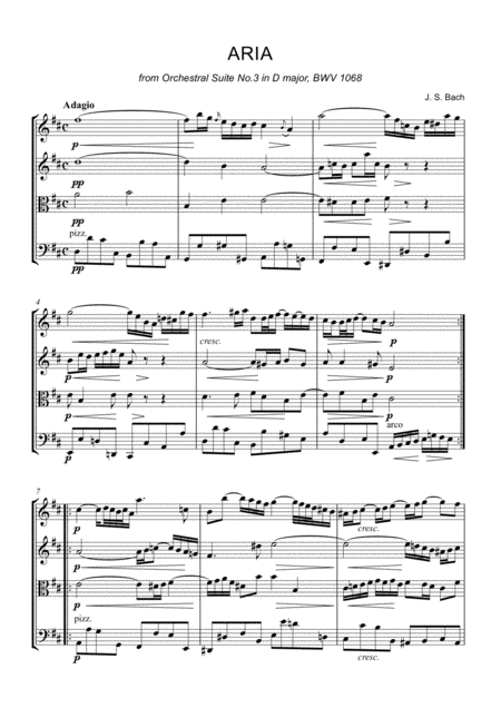 Free Sheet Music Js Bach Aria From Orchestral Suite No 3 In D Major Bwv 1068 String Quartet