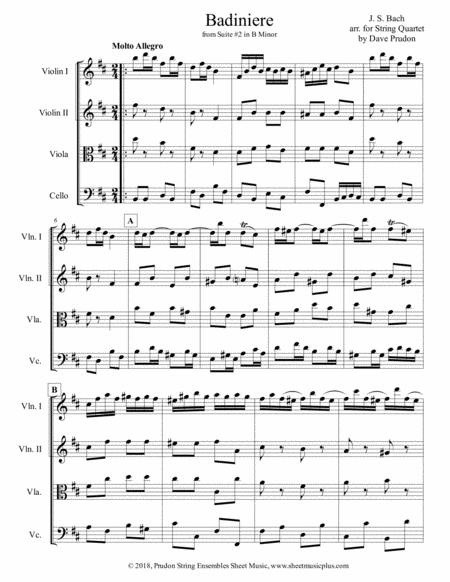 Free Sheet Music Js Bach Badiniere For String Quartet