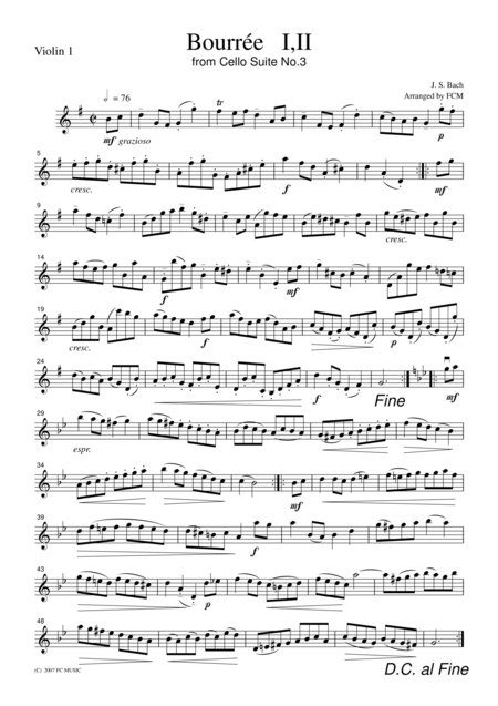 Free Sheet Music Js Bach Bourree I Ii From Cello Suite No 3 For String Quartet Cb219