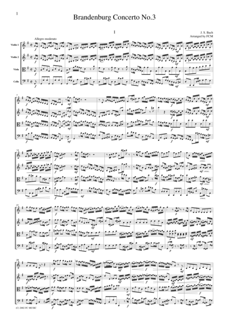 Js Bach Brandenburg Concerto No 3 All Mvts Bwv1048 For String Quartet Cb212 Sheet Music