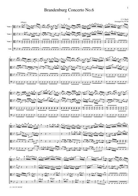 Js Bach Brandenburg Concerto No 6 All Mvts For 3 Violas Vc For String Quartet Cb226 Sheet Music