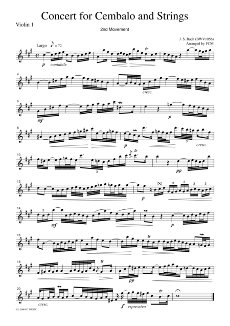 Free Sheet Music Js Bach Concerto For Cembalo And Strings 2nd Mvt Bwv1056 For String Quartet Cb211