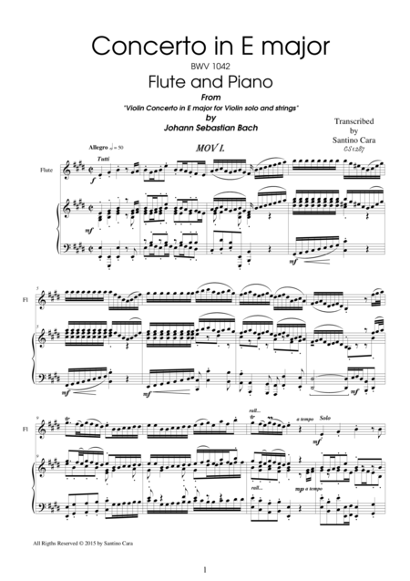 Js Bach Concerto In E Major Bwv 1042 For Flute And Piano Sheet Music