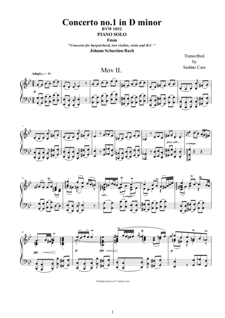 Js Bach Concerto No 1 In D Minor Bwv1052 2 Adagio Piano Version Sheet Music
