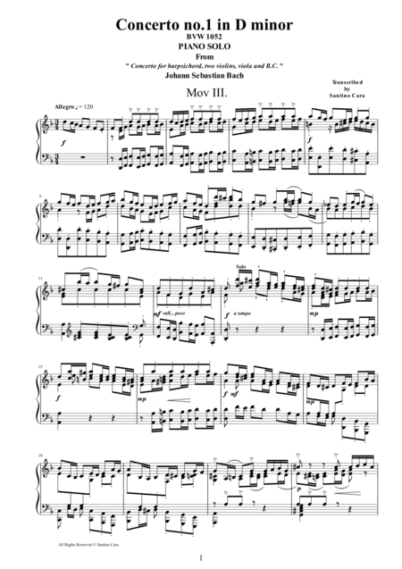 Js Bach Concerto No 1 In D Minor Bwv1052 3 Allegro Piano Version Sheet Music