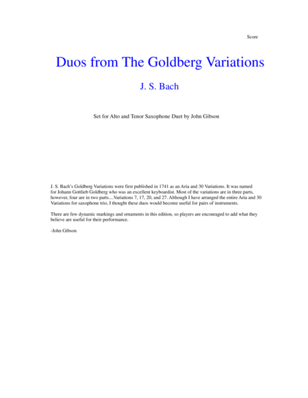 Js Bach Duos From The Goldberg Variations Set For Alto And Tenor Saxophone Sheet Music