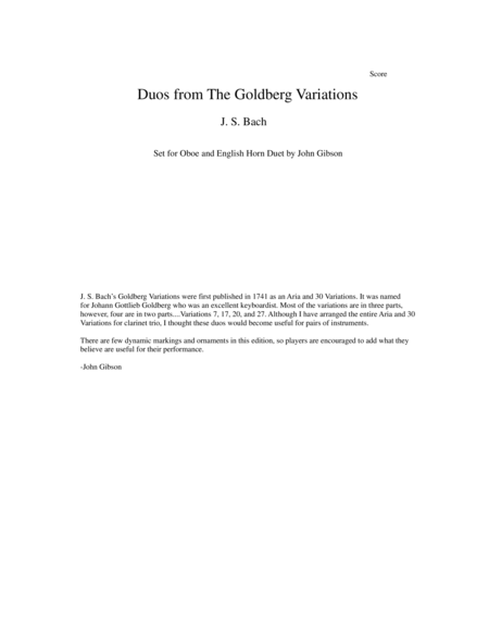 Js Bach Duos From The Goldberg Variations Set For Oboe And English Horn Sheet Music