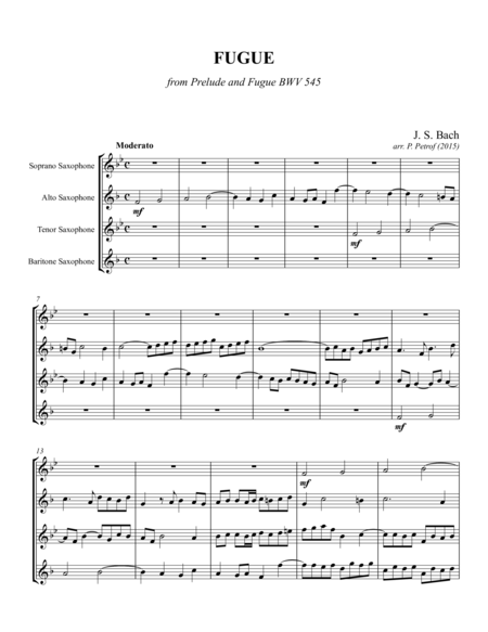 Free Sheet Music Js Bach Fugue From Prelude And Fugue Bwv 545 For Saxophone Quartet Score And Parts