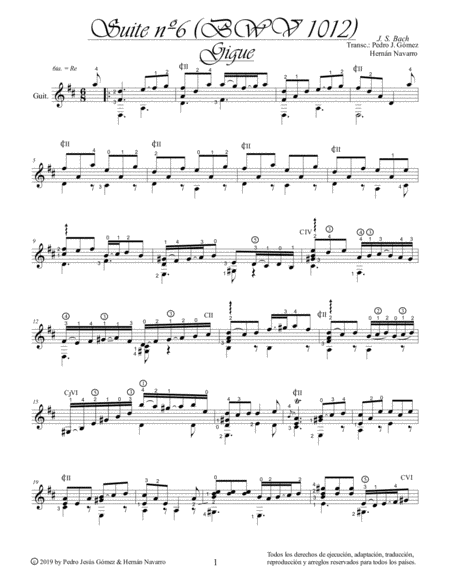 Free Sheet Music Js Bach Gigue Bwv 1012 6th Suite Cello Guitar Arr P J Gmez H Navarro Edition