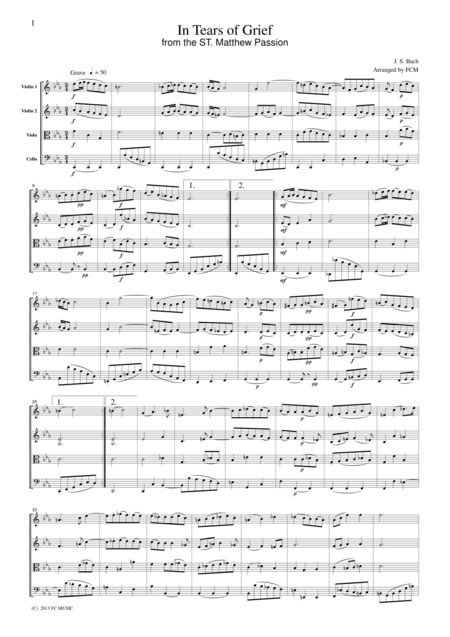 Free Sheet Music Js Bach In Tears Of Grif From The St Matthew Passion For String Quartet Cb228