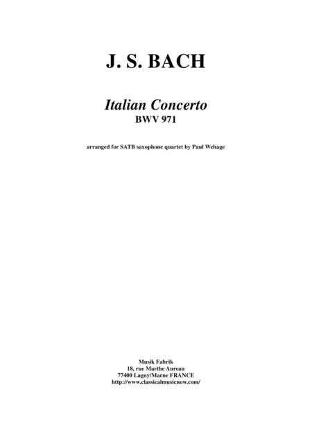 Free Sheet Music Js Bach Italian Concerto Bwv 971 Arranged For Satb Saxophone Quartet