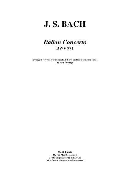 Js Bach Italian Concerto Bwv 971 Arranged For Two Bb Trumpets F Horn And Trombone Or Tuba Sheet Music