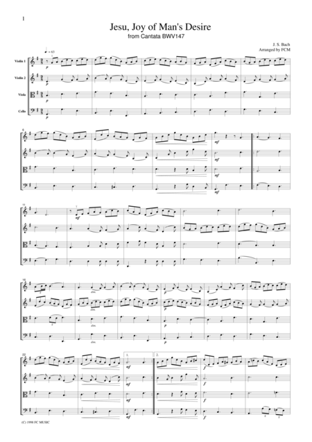 Js Bach Jesu Joy Of Mans Desire From Cantata Bwv147 For String Quartet Cb203 Sheet Music