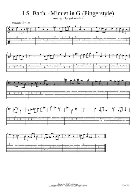 Free Sheet Music Js Bach Minuet In G Guitar Fingerstyle Melody Part Only