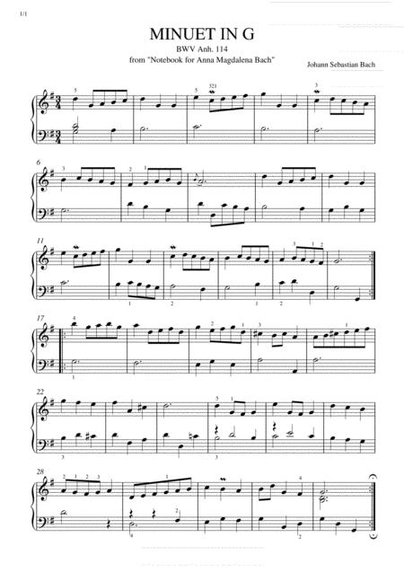 Js Bach Minuet In G Major Bwv Anh 114 Original Complete Version Sheet Music