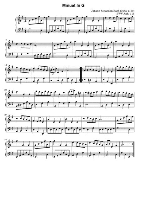 Free Sheet Music Js Bach Minuet In G Major Bwv Anh 116 Original Version