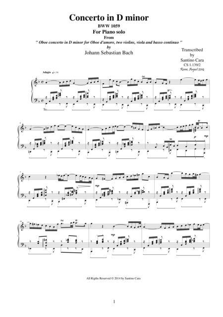 Js Bach Oboe Concerto In D Minor Bwv 1059 Mov 2 Adagio Piano Version Sheet Music