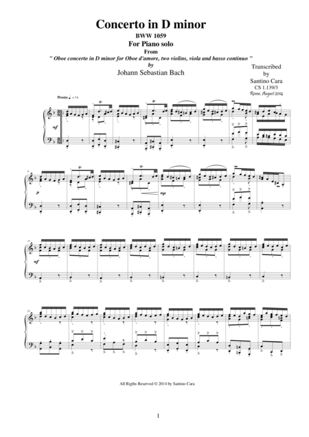 Free Sheet Music Js Bach Oboe Concerto In D Minor Bwv 1059 Mov 3 Presto Piano Version