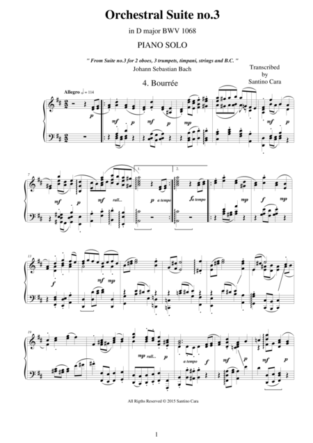 Js Bach Orchestral Suite No 3 In D Major Bwv 1068 4 Bourre Piano Version Sheet Music