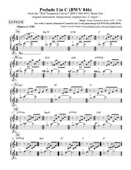 Js Bach Prelude I In C Bwv 846 From The Well Tempered Clavier Bwv 846 893 Book One Arr For G Clef Piano Harp Gcp Gch Sheet Music