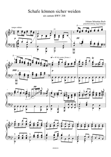 Js Bach Schafe Knnen Sicher Weiden Bwv 208 Arrangment Transcription For Piano By Jaap Eilander Sheet Music