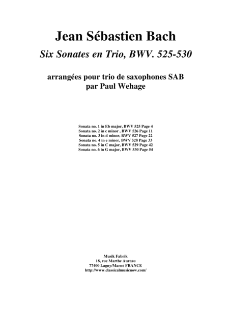 Js Bach The Six Trio Sonatas Bwv 525 530 Arranged For Sab Saxophone Trio Sheet Music