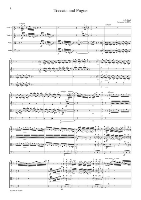 Js Bach Toccata And Fugue In D Moll Bwv565 For String Quartet Cb205 Sheet Music