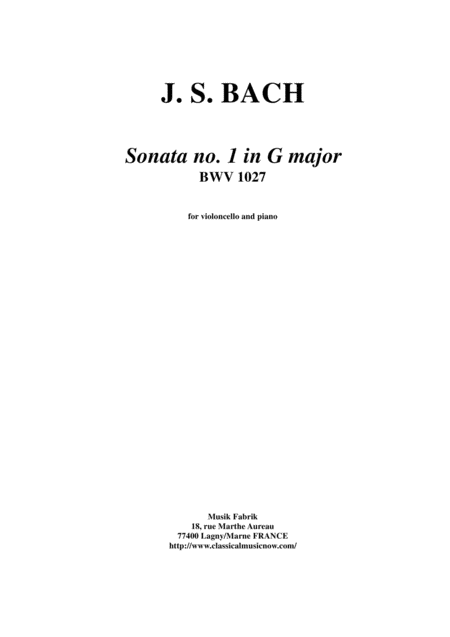 Js Bach Viola Da Gamba Sonata No 1 In G Major Bwv 1027 For Cello And Piano Sheet Music