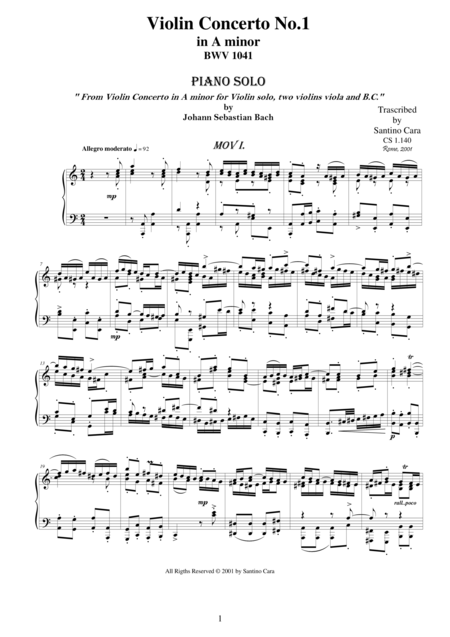 Free Sheet Music Js Bach Violin Concerto Bwv 1041 Complete Piano Version